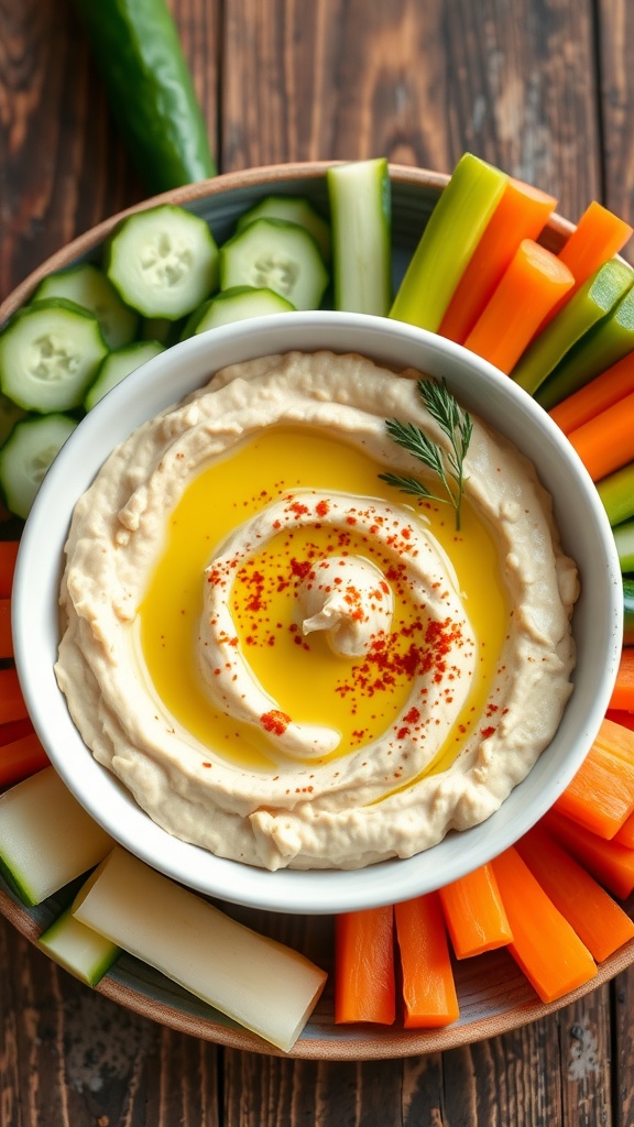 Creamy roasted garlic hummus in a bowl with olive oil drizzle and veggies for dipping.